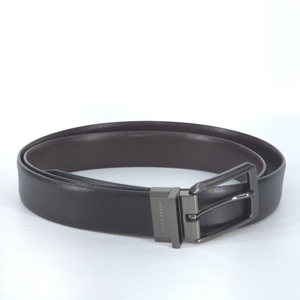 Perry Ellis Dress Belt Brown sz44 Genuine Leather Gunmetal Buckle 53" Casual 110